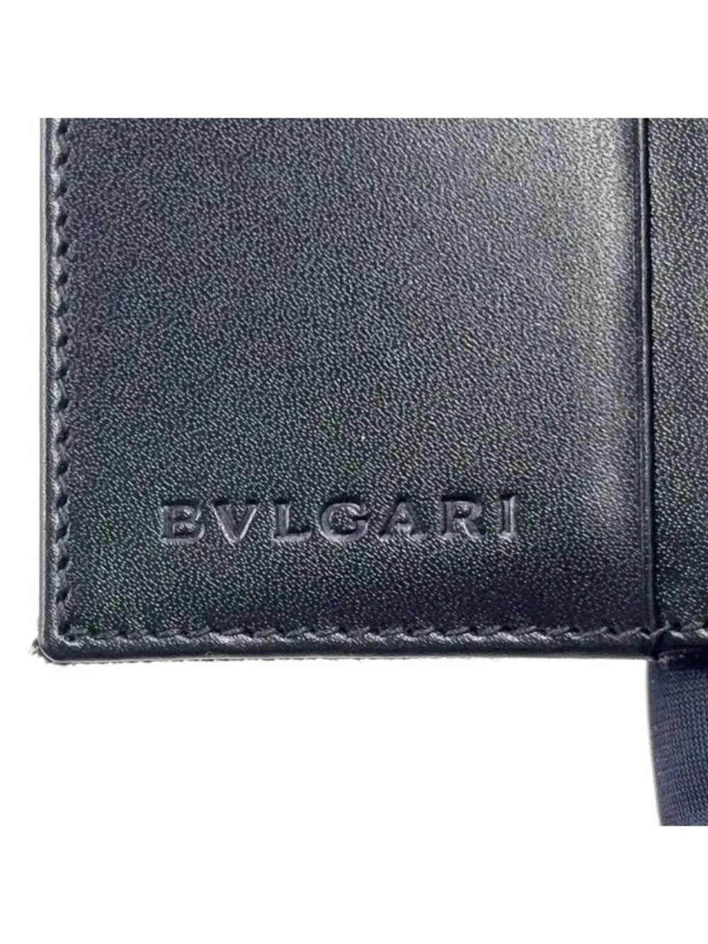 Bvlgari Lettere Logo Mania Leather Denim Navy Black Bifold Wallet Silver